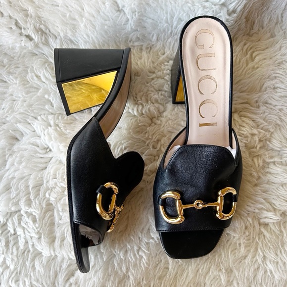 Gucci Baby Horsebit Slide Sandals Mules Black and Gold Block Heel Size EU 39 - Picture 1 of 14